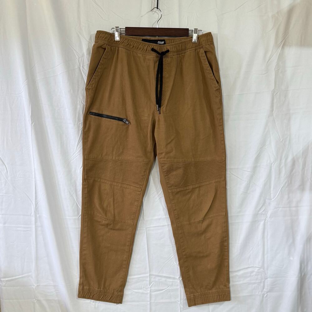 Plugg Men's Stretch Utility Cargo Pants Sz L Brown Khaki Drawstring Zip Pocket